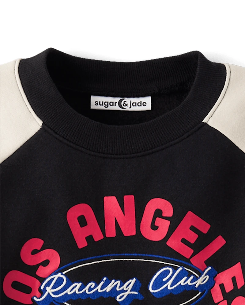 Tween Girls Embroidered Racing Colorblock Premium Fleece Sweatshirt