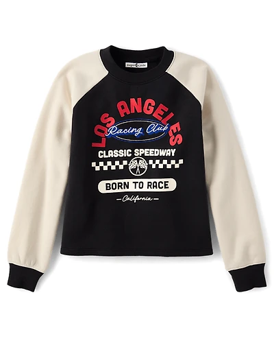 Tween Girls Embroidered Racing Colorblock Premium Fleece Sweatshirt
