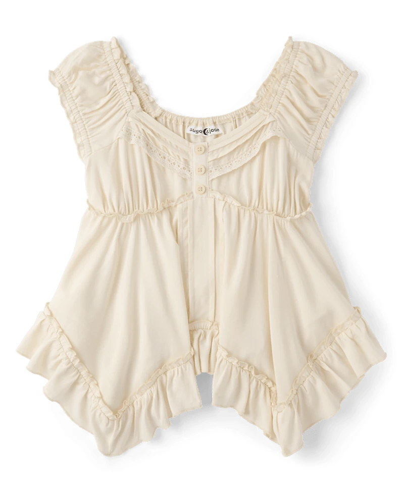 Tween Girls Pintuck Hanky Hem Top