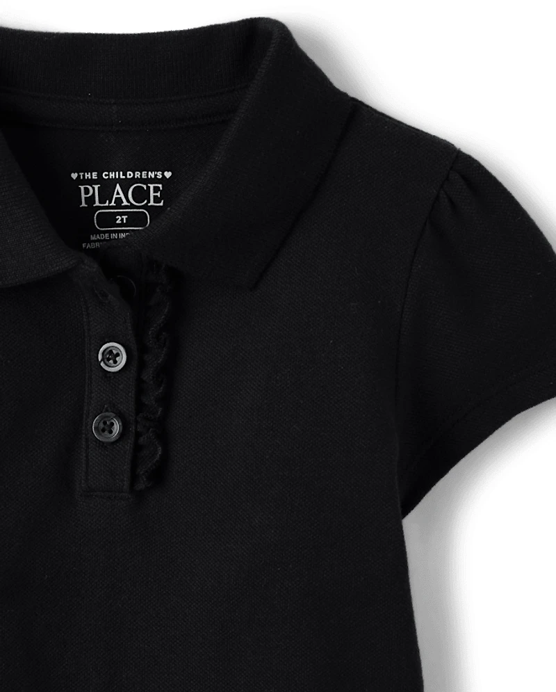 Polo en piqué extensible doux à volants pour uniforme de petite fille