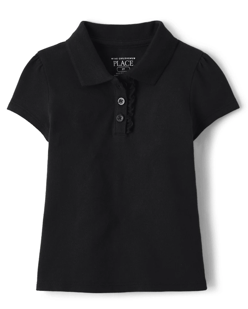 Polo en piqué extensible doux à volants pour uniforme de petite fille