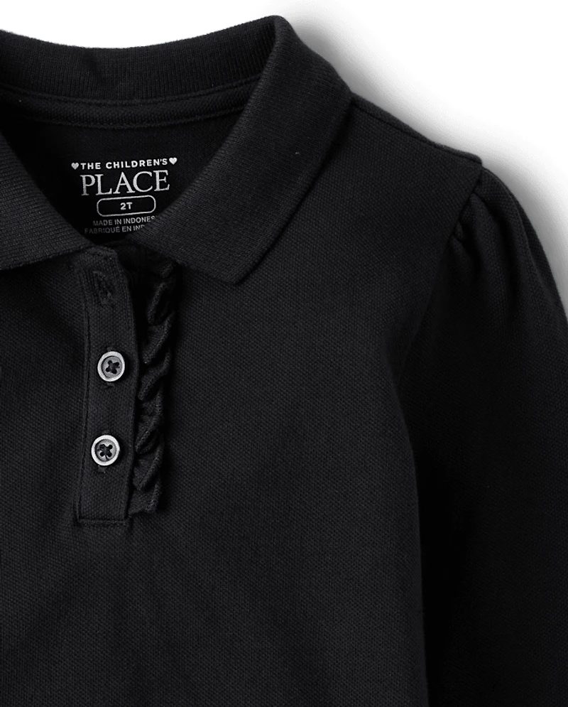 Polo en piqué extensible doux à volants pour uniforme de petite fille