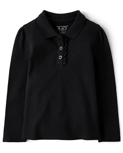 Polo en piqué extensible doux à volants pour uniforme de petite fille