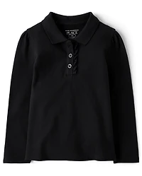 Polo en piqué extensible doux à volants pour uniforme de petite fille