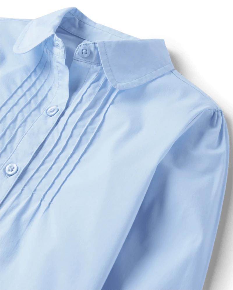 Girls Uniform Pintuck Poplin Button Up Shirt