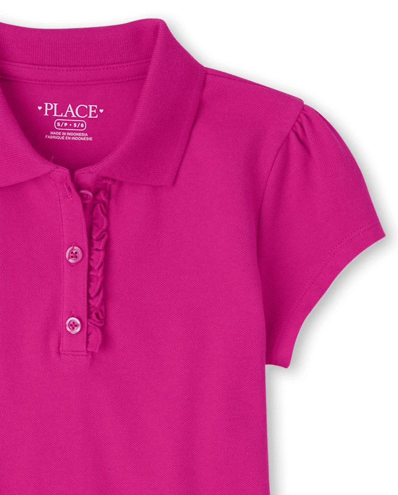 Polo en piqué d'uniforme à volants pour fille