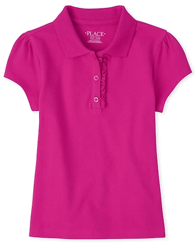 Polo en piqué extensible doux à volants pour uniforme filles
