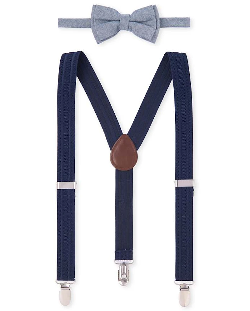 Boys Chambray Matching Bow Tie And Suspenders Set