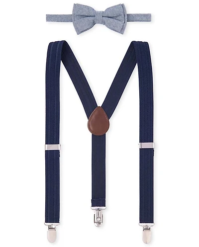 Boys Chambray Matching Bow Tie And Suspenders Set