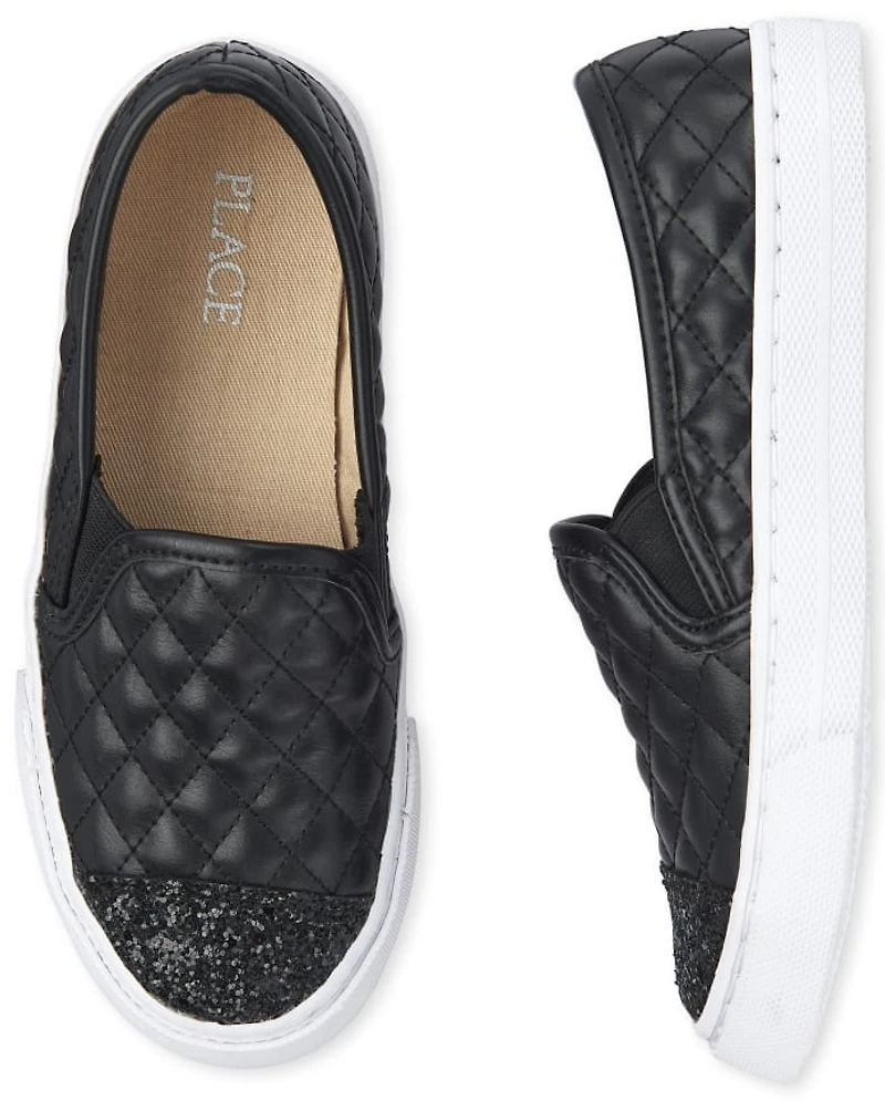 Girls Glitter Quilted Slip On Sneakers
