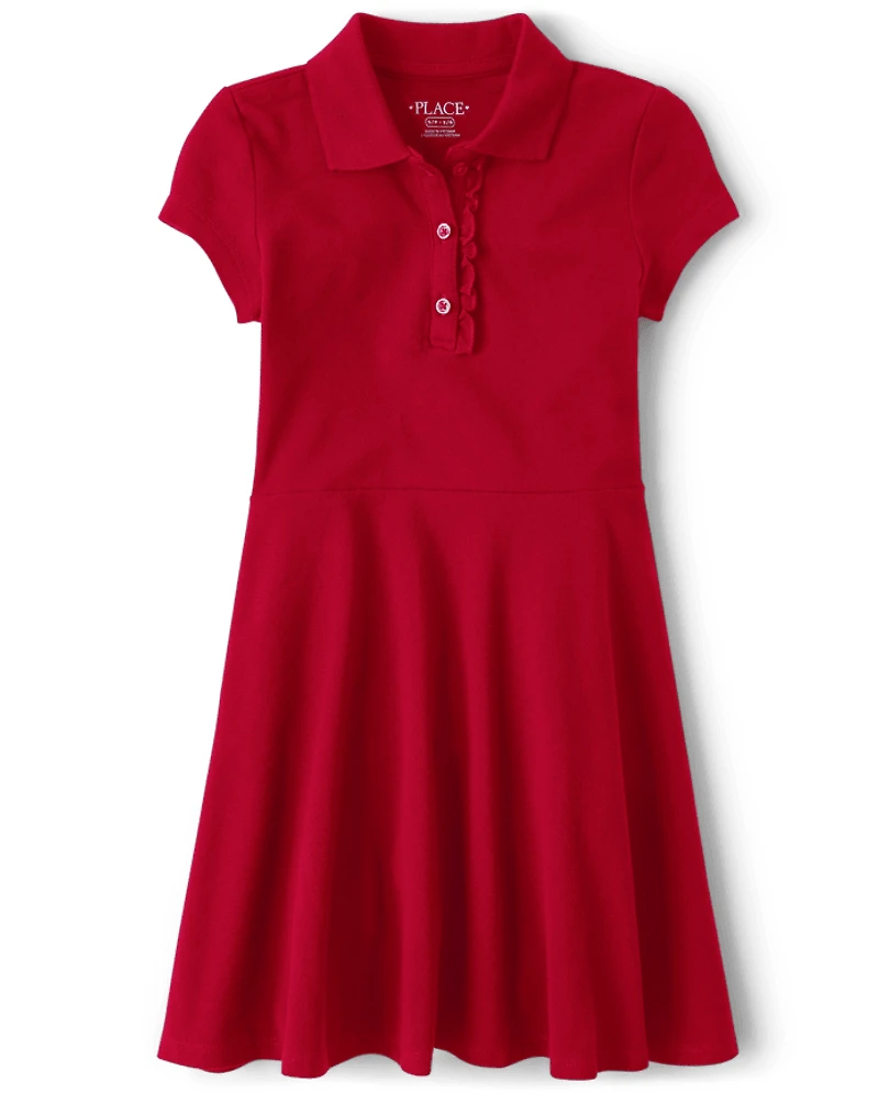 Girls Uniform Ruffle Soft Pique Polo Dress