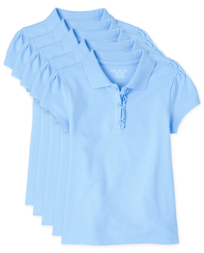 Girls Uniform Ruffle Soft Stretch Pique Polo 5-Pack
