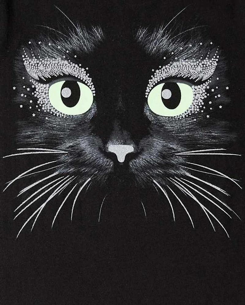 Girls Halloween Glow Cat Graphic Tee