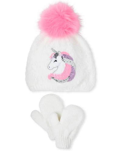Toddler Girls Sequin Unicorn Pom Beanie And Mittens Set