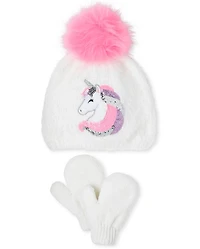 Toddler Girls Sequin Unicorn Pom Beanie And Mittens Set