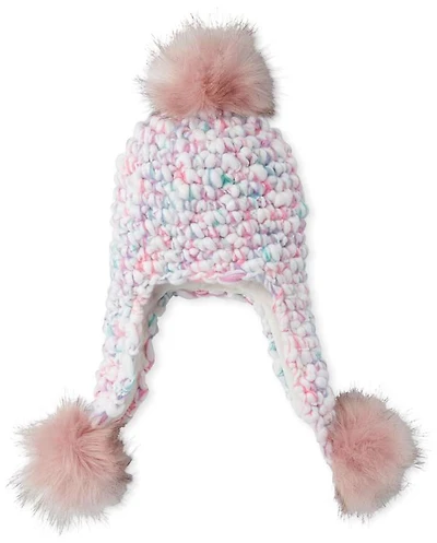 Girls Rainbow Faux Fur Pom Hat
