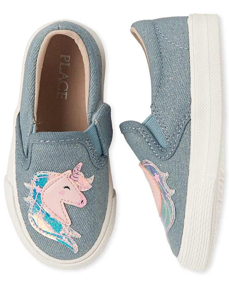 Toddler Girls Glitter Unicorn Denim Slip On Sneakers