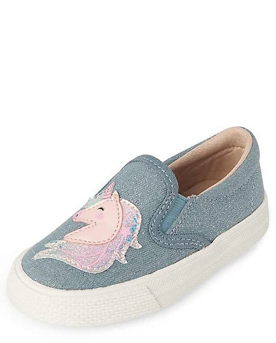 Toddler Girls Glitter Unicorn Denim Slip On Sneakers