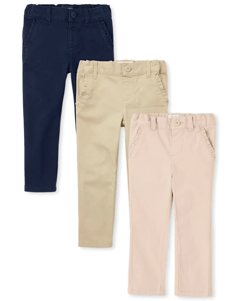 Toddler Girls Uniform Ruffle Stretch Skinny Chino Pants -Pack