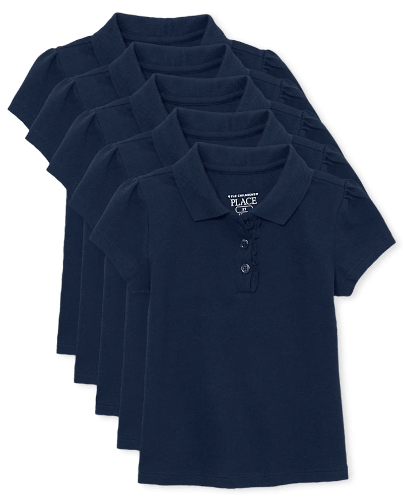 Toddler Girls Uniform Ruffle Soft Stretch Pique Polo 5-Pack