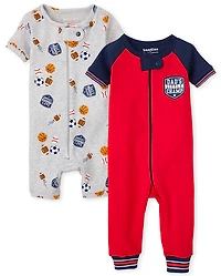 Baby And Toddler Boys Sports Snug Fit Cotton One Piece Pajamas 2-Pack