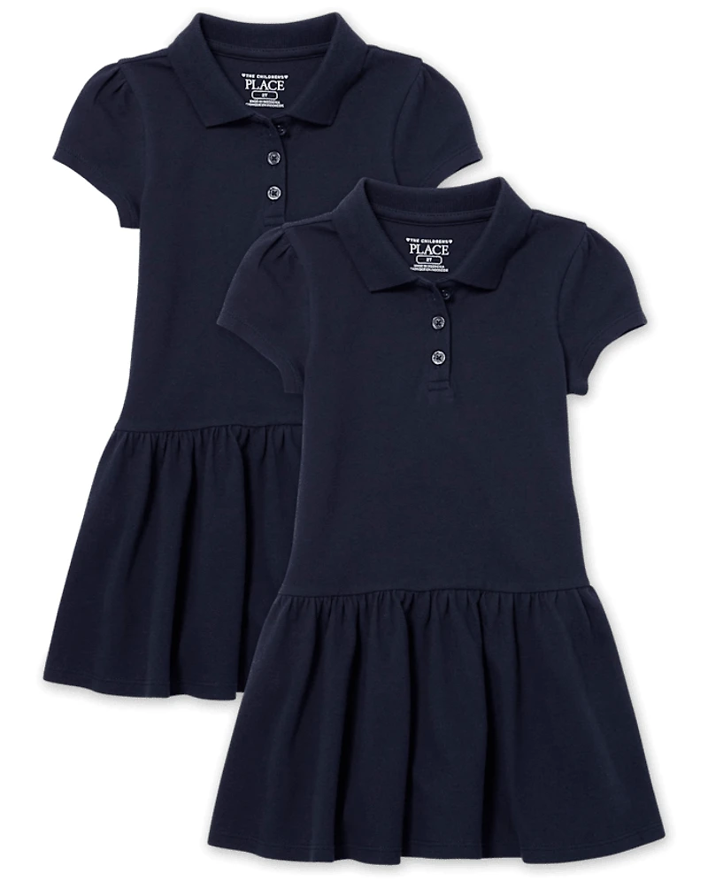 Toddler Girls Uniform Ruffle Soft Pique Polo Dress 2-Pack