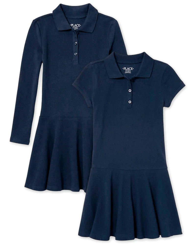 Girls Uniform Soft Pique Polo Dress 2-Pack