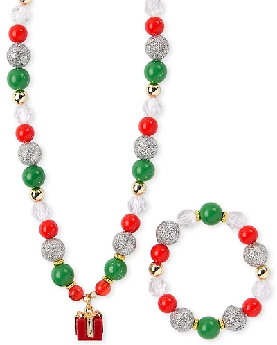 Girls Christmas Beaded Necklace And Bracelet Set