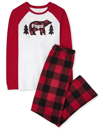 Mens Matching Family Bear Buffalo Plaid Cotton And Fleece Pajamas