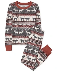 Kids Matching Family Thermal Reindeer Fairisle Snug Fit Cotton Pajamas