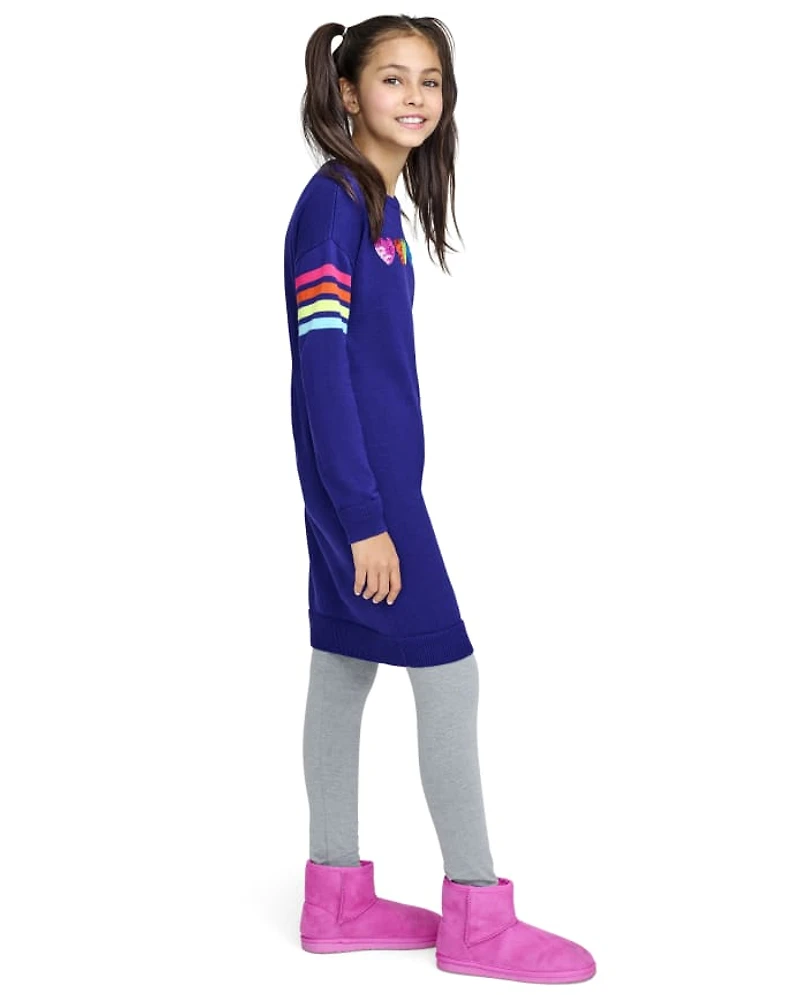 Girls Rainbow Heart Sweater Dress