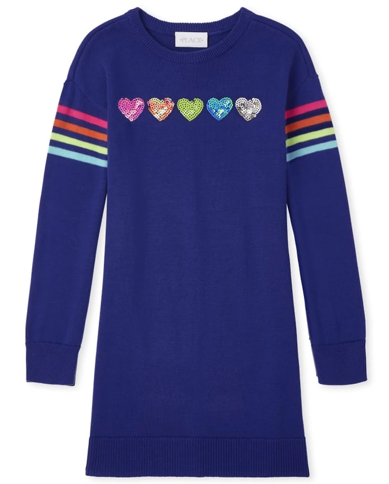 Girls Rainbow Heart Sweater Dress
