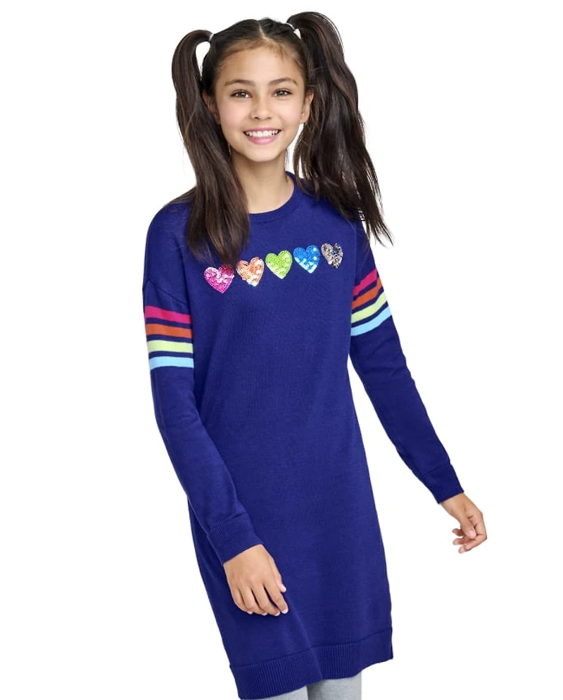 Girls Rainbow Heart Sweater Dress