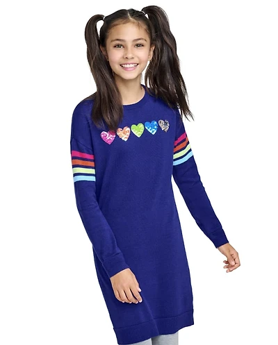Girls Rainbow Heart Sweater Dress
