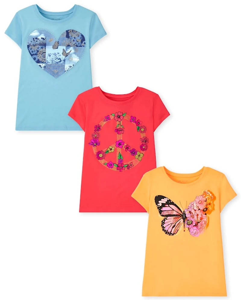 Girls Butterfly Floral Graphic Tee 3-Pack