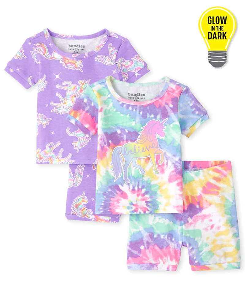 Baby And Toddler Girls Glow Unicorn Tie Dye Snug Fit Cotton Pajamas 2-Pack