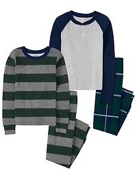 Boys Striped Henley Snug Fit Cotton Pajamas 2-Pack