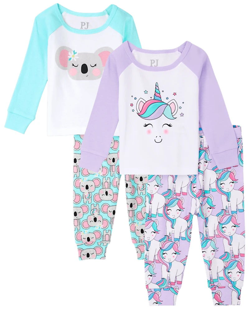 Baby And Toddler Girls Unicorn Koala Snug Fit Cotton Pajamas 2-Pack