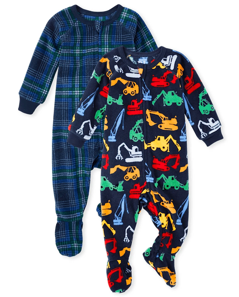 Baby And Toddler Boys Plaid Construction Fleece One Piece Pajamas 2-Pack