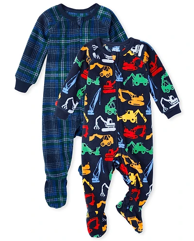 Baby And Toddler Boys Plaid Construction Fleece One Piece Pajamas 2-Pack