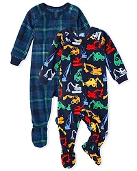 Baby And Toddler Boys Plaid Construction Fleece One Piece Pajamas 2-Pack