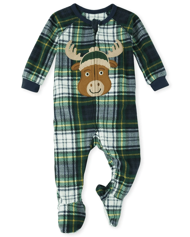 Baby And Toddler Matching Family Plaid Moose Fleece One Piece Pajamas