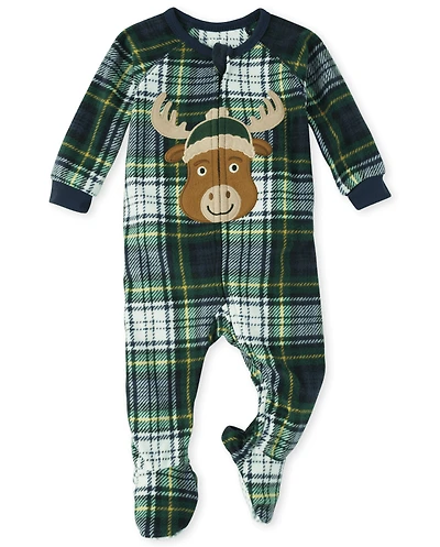 Baby And Toddler Matching Family Plaid Moose Fleece One Piece Pajamas