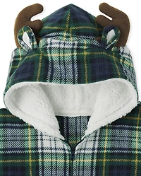 Kids Matching Family Fleece Plaid Moose One Piece Pajamas