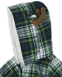 Kids Matching Family Fleece Plaid Moose One Piece Pajamas