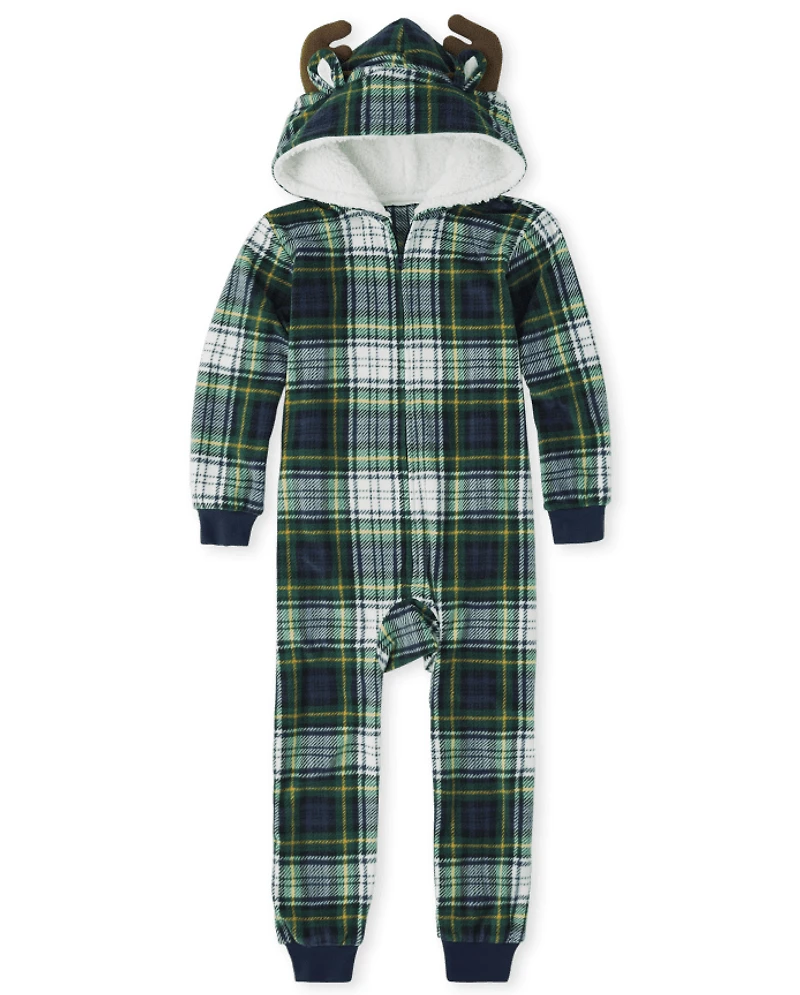 Kids Matching Family Fleece Plaid Moose One Piece Pajamas