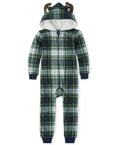 Kids Matching Family Fleece Plaid Moose One Piece Pajamas