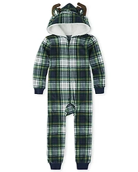Kids Matching Family Fleece Plaid Moose One Piece Pajamas