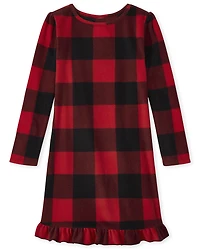 Girls Matching Family Buffalo Plaid Fleece Ruffle Nightgown
