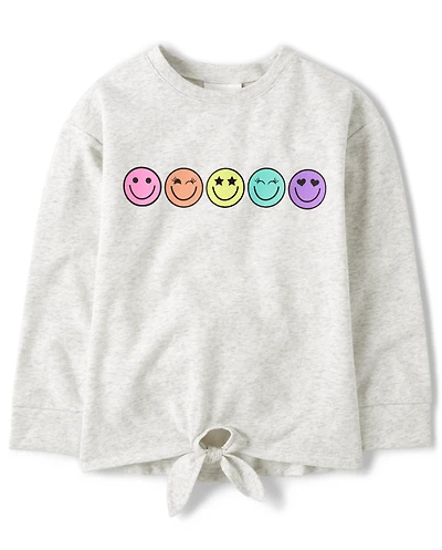 Girls Rainbow Happy Face Tie Front Top